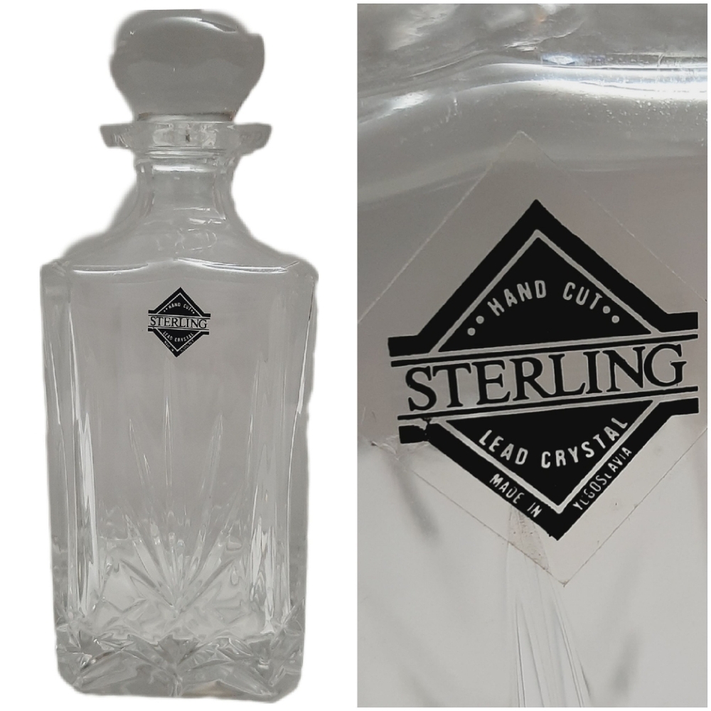 🍒 Vtg STERLING Hand Cut Lead Crystal Liquor Decanter Barware Clear w/ Stopper